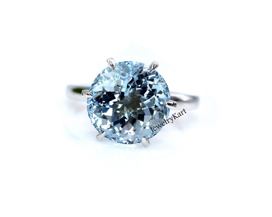 10 mm Round Aquamarine Ring, 14K White Gold Ring Aquamarine Solitaire Ring 6 Prong, Classic Engagement Ring, Round Solitaire Engagement Ring