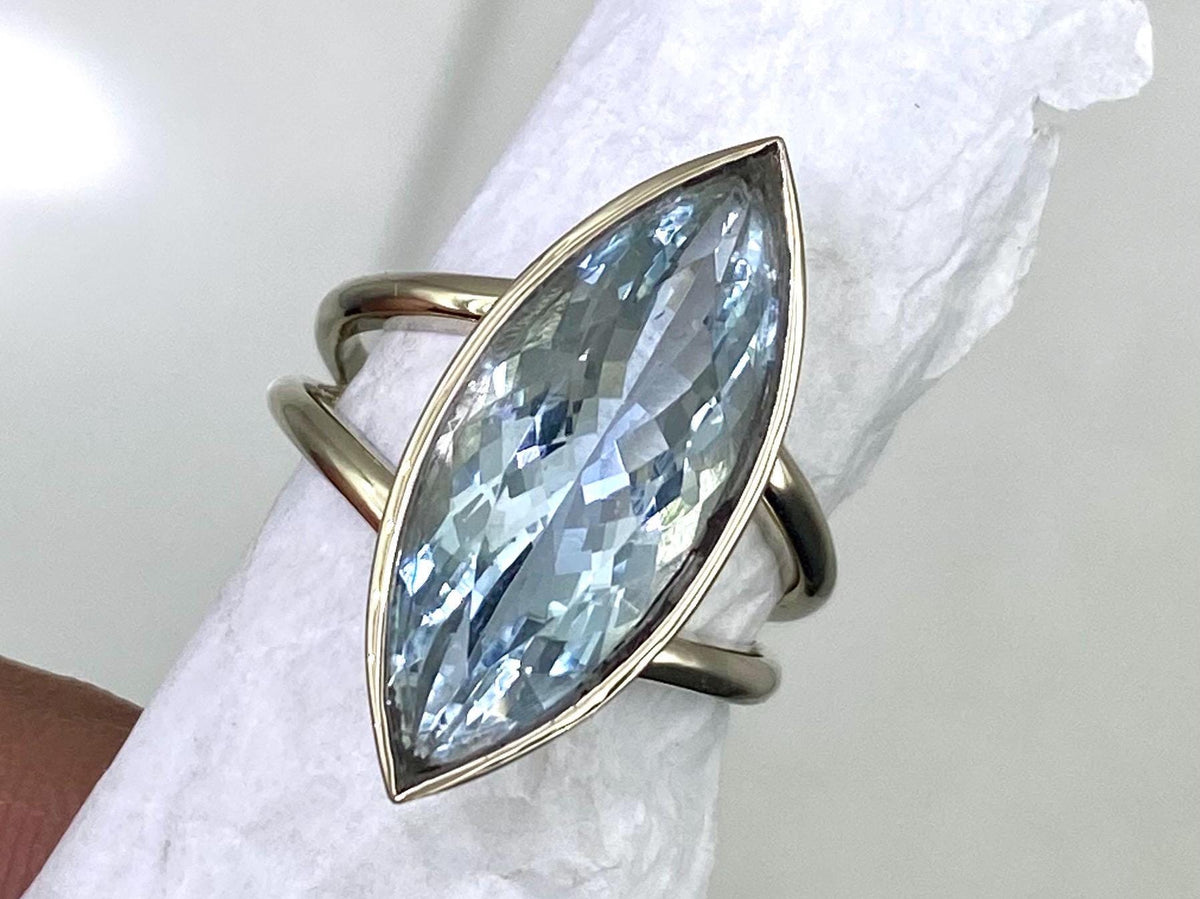 Aquamarine Marquise Bezel Ring | 15x7 mm Solitaire | 3 Cts Aquamarine Engagement Ring | Split Shank Statement Ring