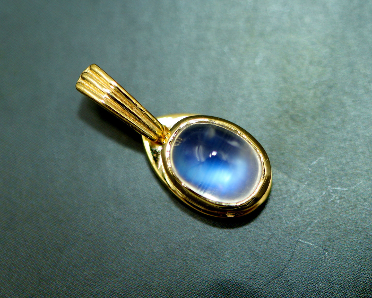 Rainbow Moonstone Pendant – 9x7 mm Oval Blue Flash Gemstone Ring, Yellow Gold Finish 925 Silver – Bezel Set - Moonstone Cabochon Ring