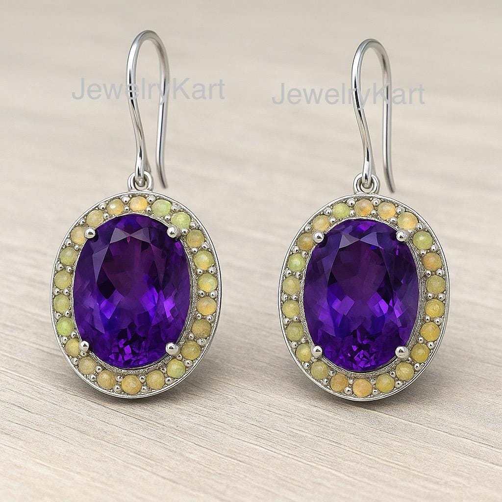 Amethyst & Opal Oval Earrings, Ethiopian Opal Halo Drop Earrings, February Birthstone Jewelry, Statement Earrings