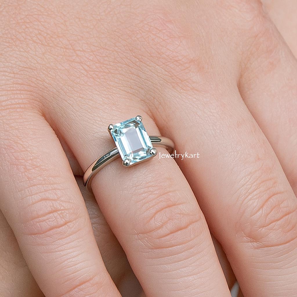 Emerald Cut Natural Aquamarine Solitaire Ring | 14K Gold or Sterling Silver | 8×6 mm March Birthstone Ring