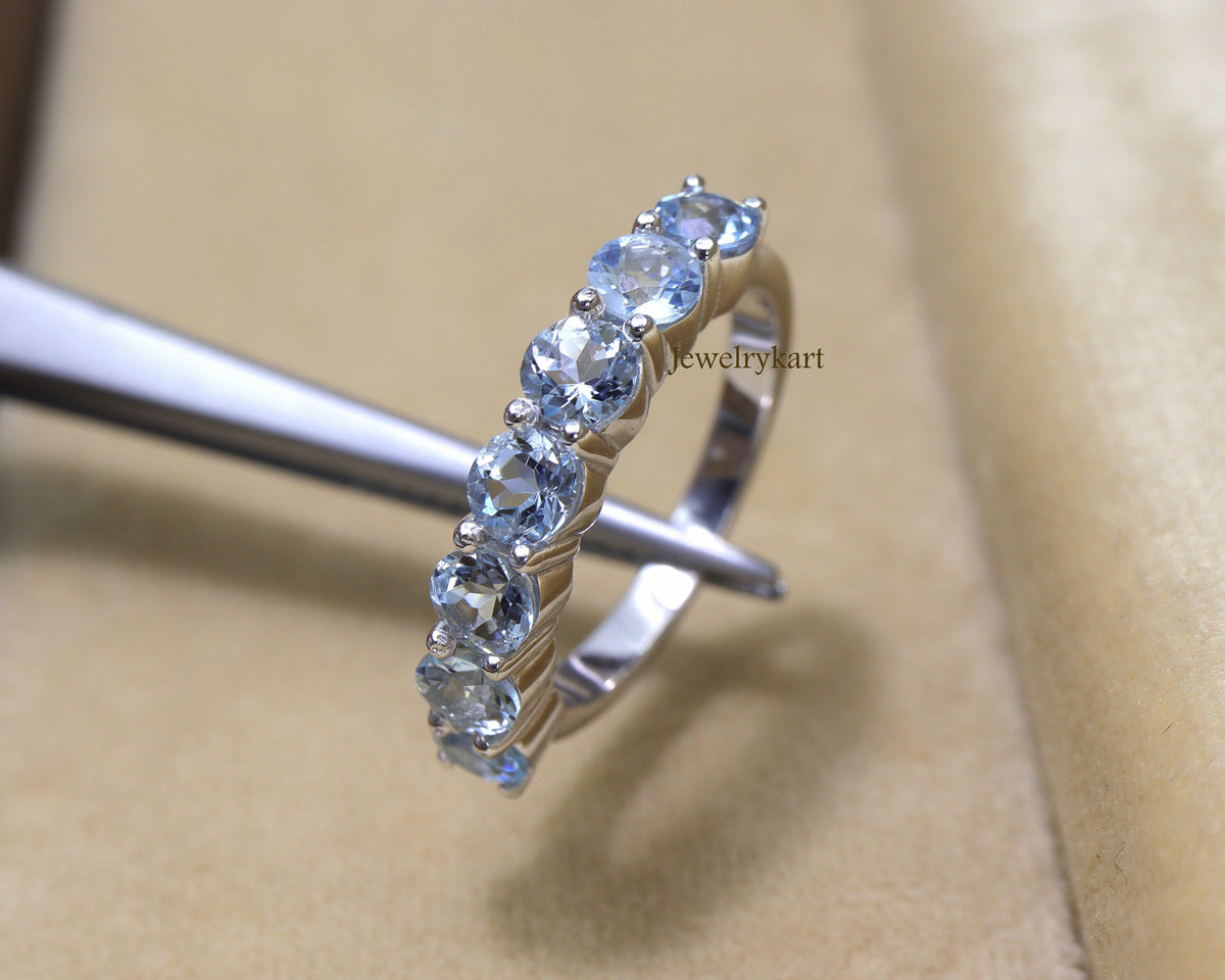 Natural Aquamarine Half Eternity Ring | 4 mm Round Aquamarine Band | 14K Gold or 925 Silver | March Birthstone Stacking Ring | Gift for Her