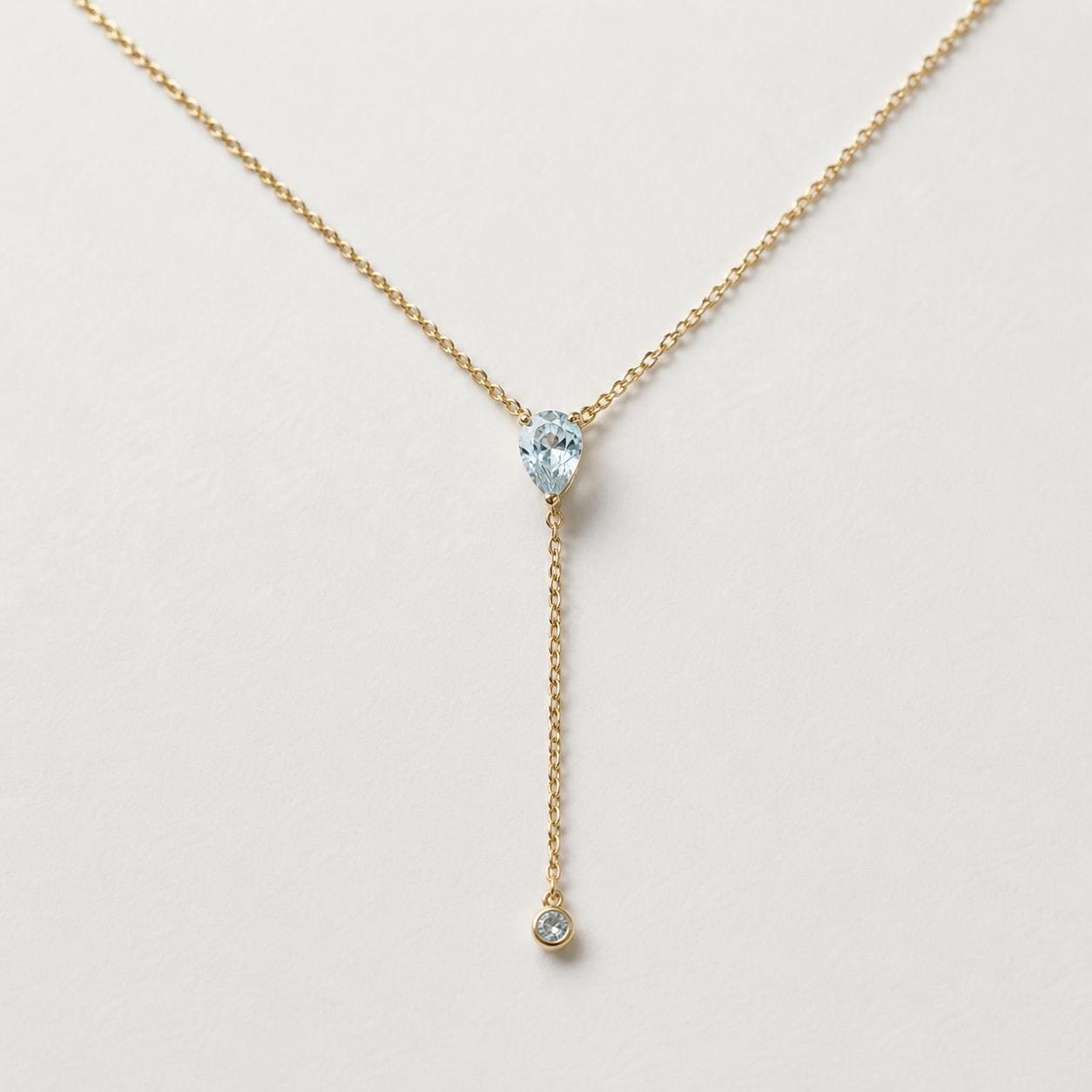 Aquamarine Lariat Necklace, Pear Drop Y Necklace, Minimalist Gold Necklace, March Birthstone Jewelry, Dainty Layering Necklace, Gift for Her