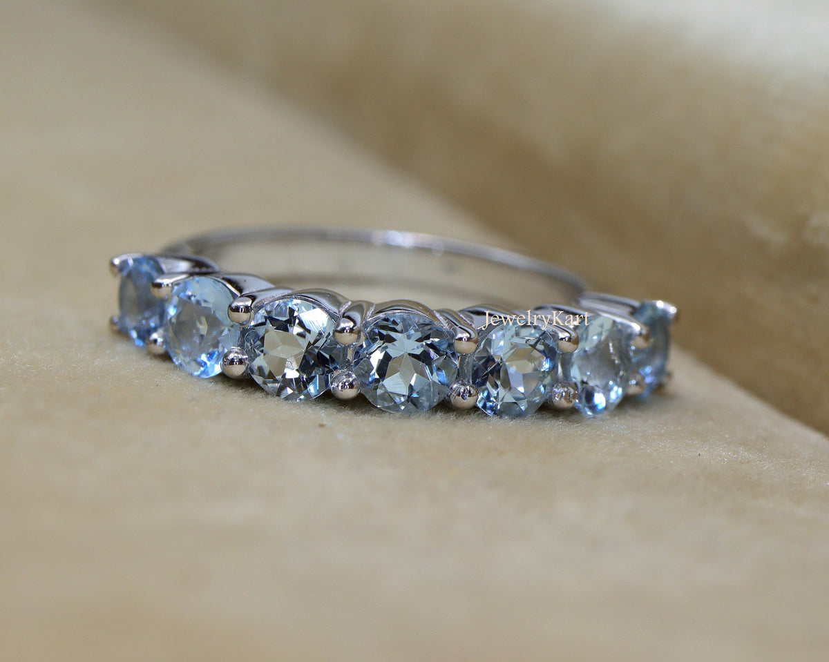 Natural Aquamarine Half Eternity Ring | 4 mm Round Aquamarine Band | 14K Gold or 925 Silver | March Birthstone Stacking Ring | Gift for Her