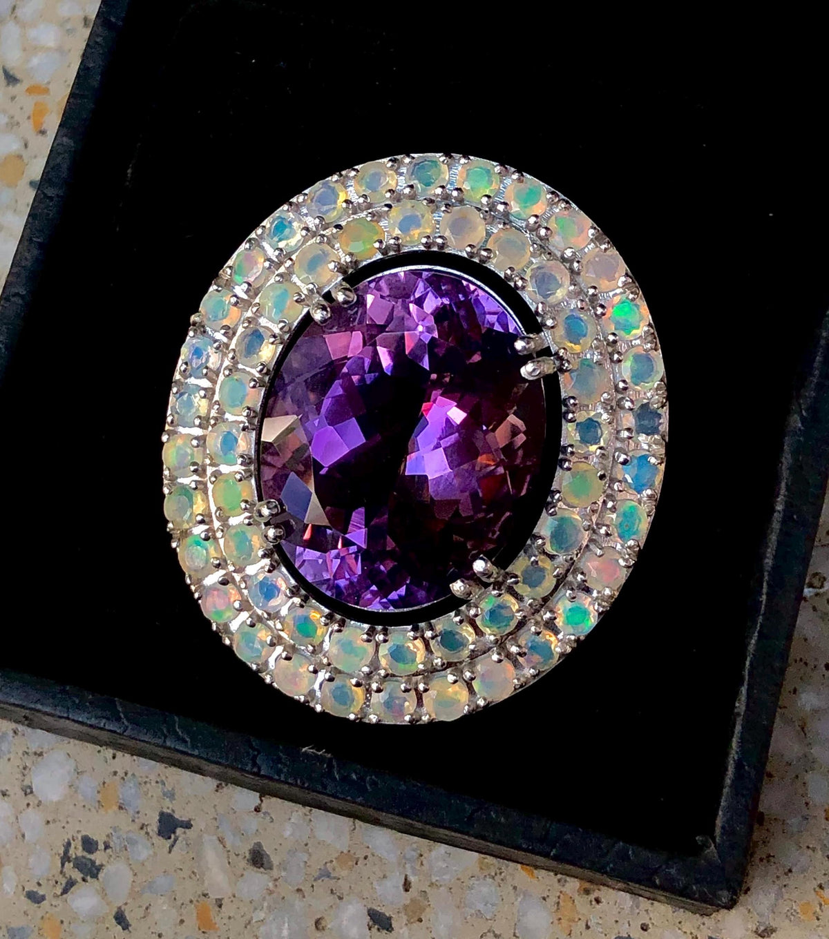 Natural Amethyst & Ethiopian Fire Opal Double Halo Cocktail Ring in Sterling Silver