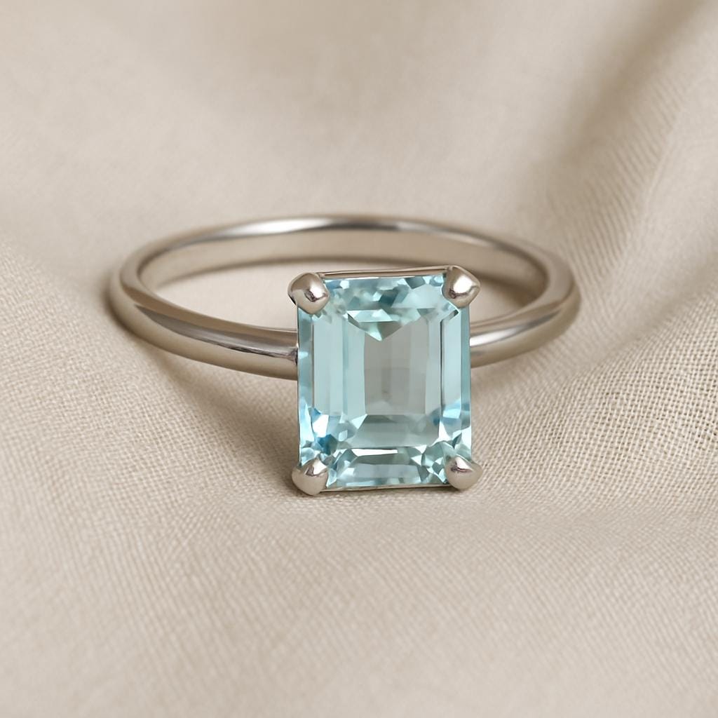 Emerald Cut Natural Aquamarine Solitaire Ring | 14K Gold or Sterling Silver | 8×6 mm March Birthstone Ring