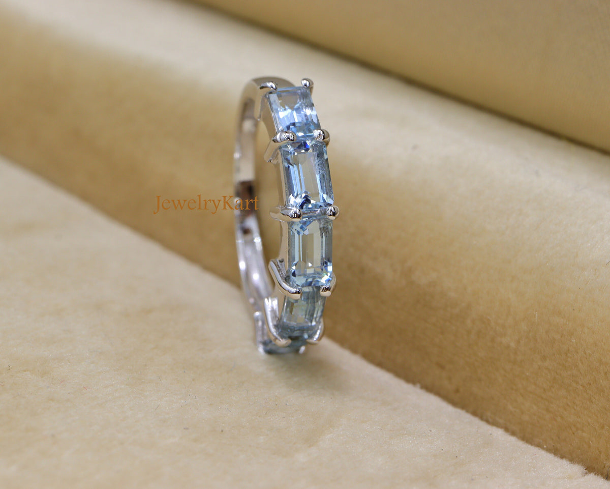 Natural Aquamarine Emerald Cut Eternity Band | Half Eternity 6x4 mm Ring | East West Aquamarine Stackable Band | Wedding Band Gift