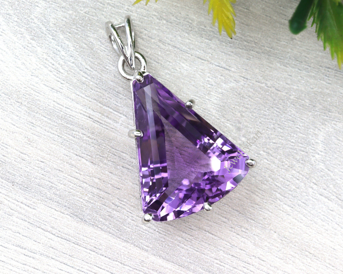 Large Amethyst Pendant in 925 Silver, Trillion Cut February Birthstone Necklace, Natural Gemstone Statement Jewelry for Women