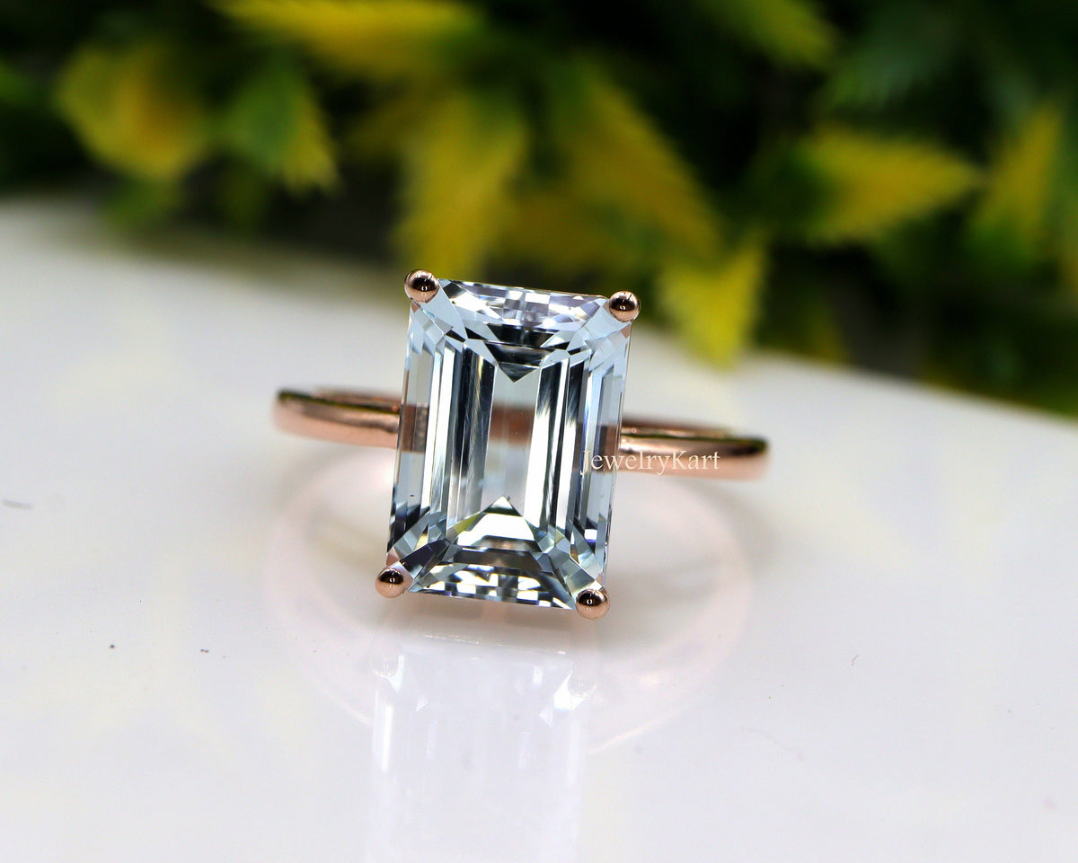 3 Ct Emerald Cut Aquamarine Ring | 14K Rose Gold Natural Solitaire | March Birthstone Engagement Ring