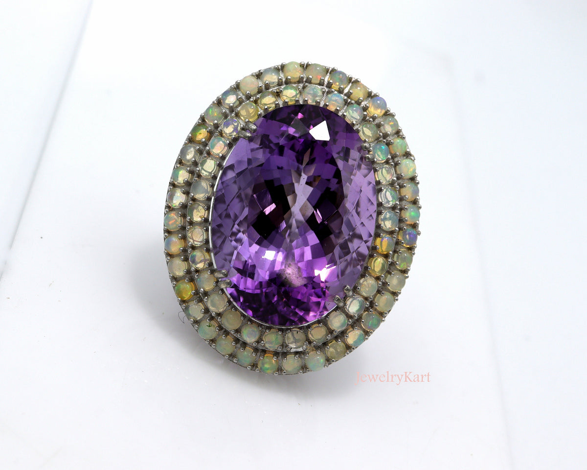 Natural Amethyst & Ethiopian Fire Opal Double Halo Cocktail Ring in Sterling Silver