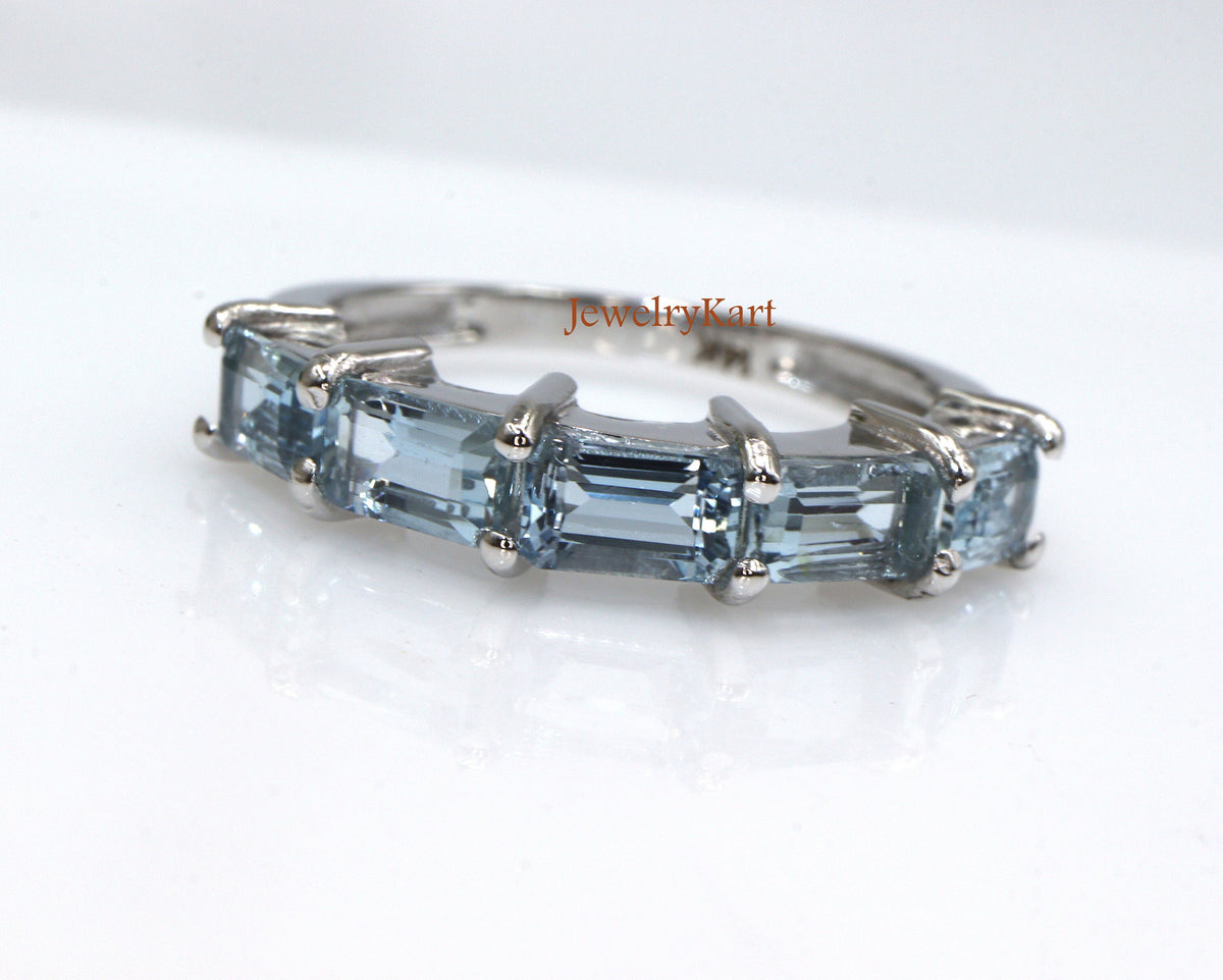 Natural Aquamarine Emerald Cut Eternity Band | Half Eternity 6x4 mm Ring | East West Aquamarine Stackable Band | Wedding Band Gift