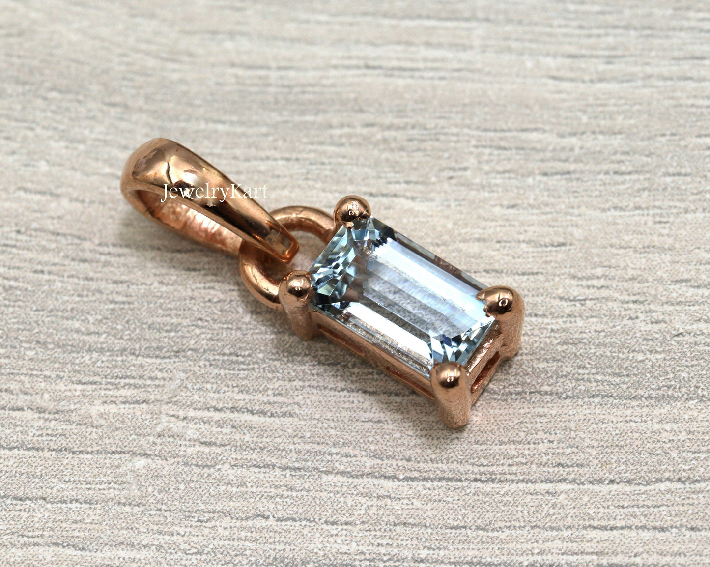 Aquamarine Pendant Necklace, Minimalist Layering necklace, Long Baguette Cut Pendant, 14k Rose Gold Finish, Light Weight Pendant