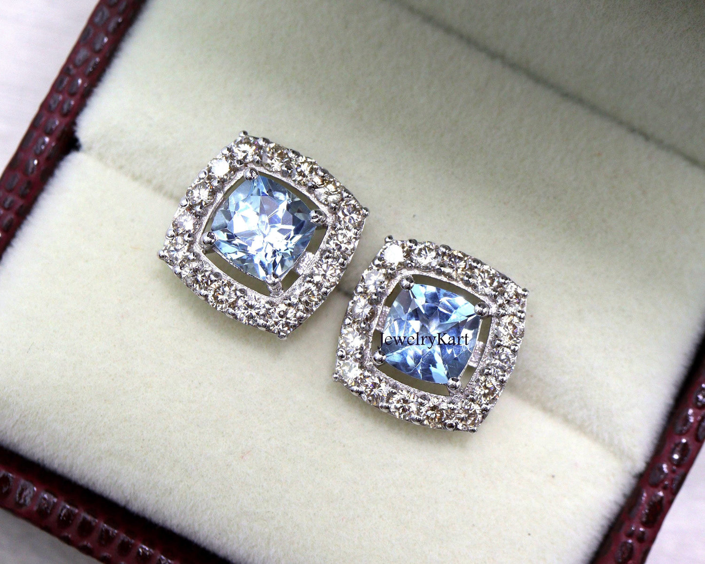 Aquamarine Halo Earrings | 6 mm Cushion Cut Studs in 14k White Gold, Square Aquamarine Earrings
