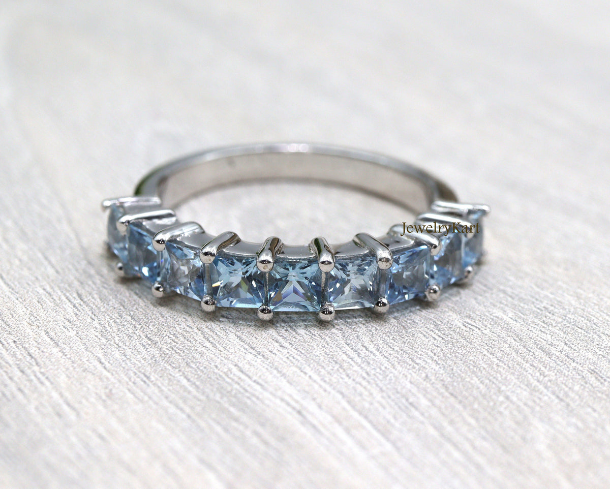 Princess Cut Aquamarine Eternity Band • 4mm Half Eternity Ring • Stackable March Birthstone Ring • Square Cut Aquamarine Band