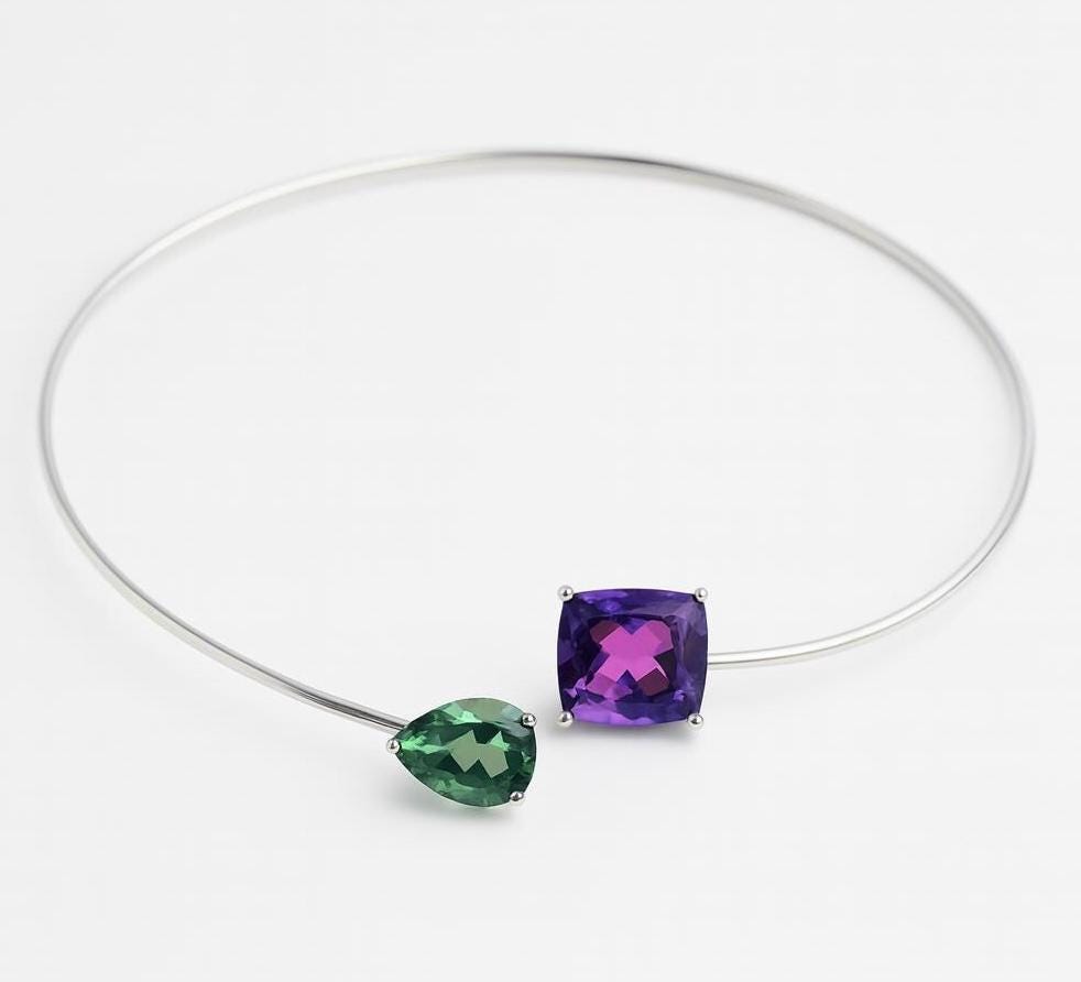Amethyst & Fluorite Gemstone Collar Necklace – 925 Silver Cuff Choker – Statement Neck Cuff with Real Stones