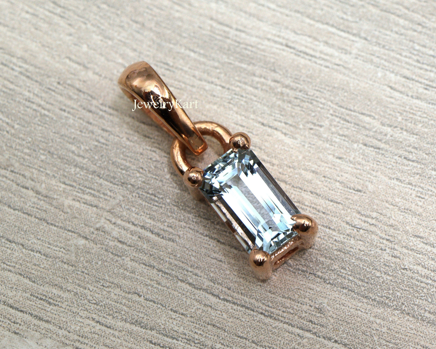 Aquamarine Pendant Necklace, Minimalist Layering necklace, Long Baguette Cut Pendant, 14k Rose Gold Finish, Light Weight Pendant
