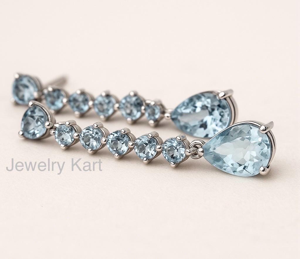 Natural Aquamarine Long Drop Earrings | 925 Silver or 14K Gold Dangle Earrings | Blue Pear & Round Gemstones | Lightweight Gift for Her
