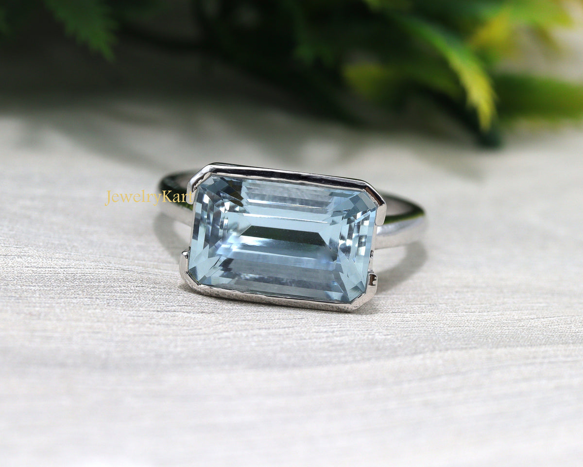 Genuine Aquamarine East West Engagement Ring, Aquamarine Ring For Wedding, Bezel Set Horizontal Ring in 14k Gold