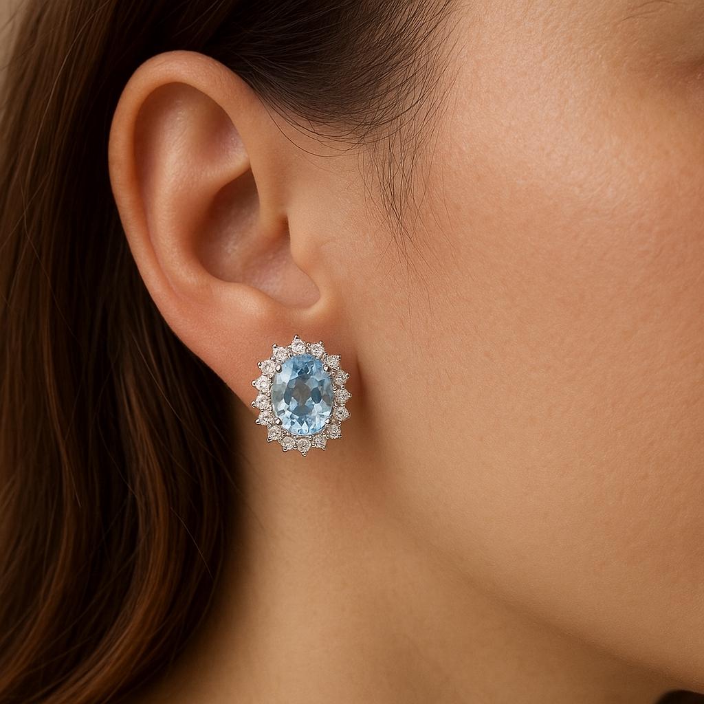 Aquamarine Earrings, Aquamarine Diamond Halo Stud Earrings - 14K White Gold Aquamarine Earrings, Oval Cut Earrings,