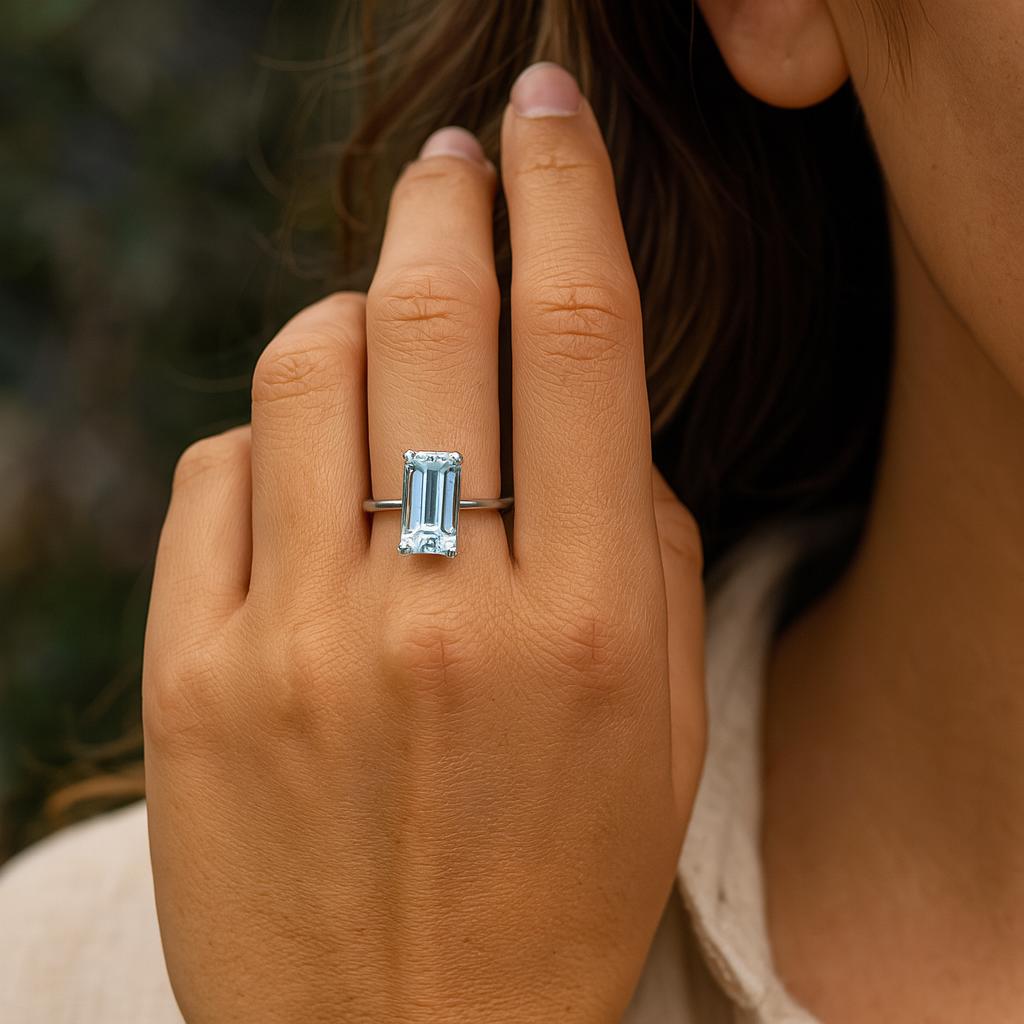 Natural Aquamarine Emerald Cut Ring | 11x7 mm Solitaire | 925 Silver Rectangle Ring | March Birthstone | Big Baguette Engagement Ring