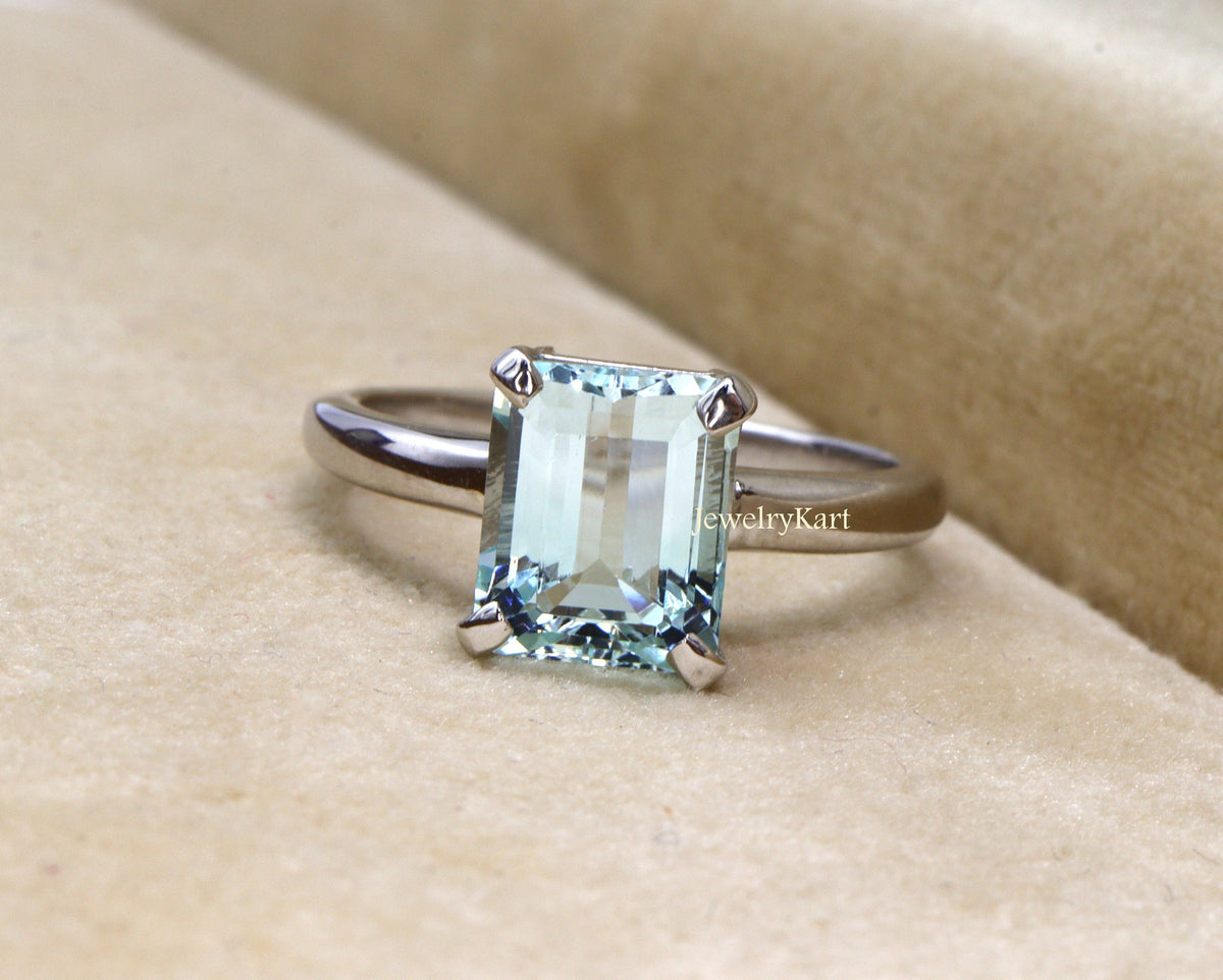 Emerald Cut Natural Aquamarine Solitaire Ring | 14K Gold or Sterling Silver | 8×6 mm March Birthstone Ring