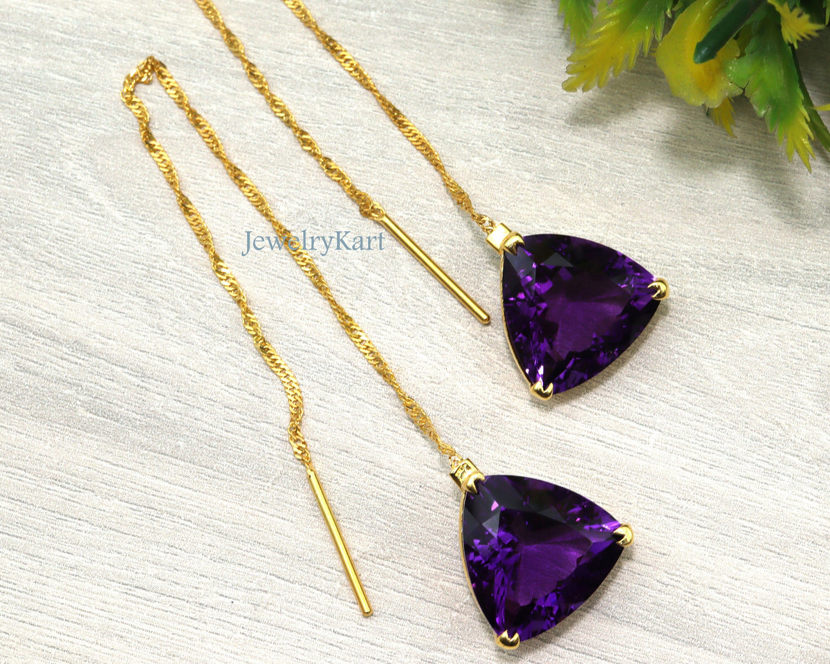 Natural Amethyst Threader Earrings, 14k Yellow Gold Finish, Amethyst Dangle Earrings, Trillion Earrings, Silver Long Chain Threaders