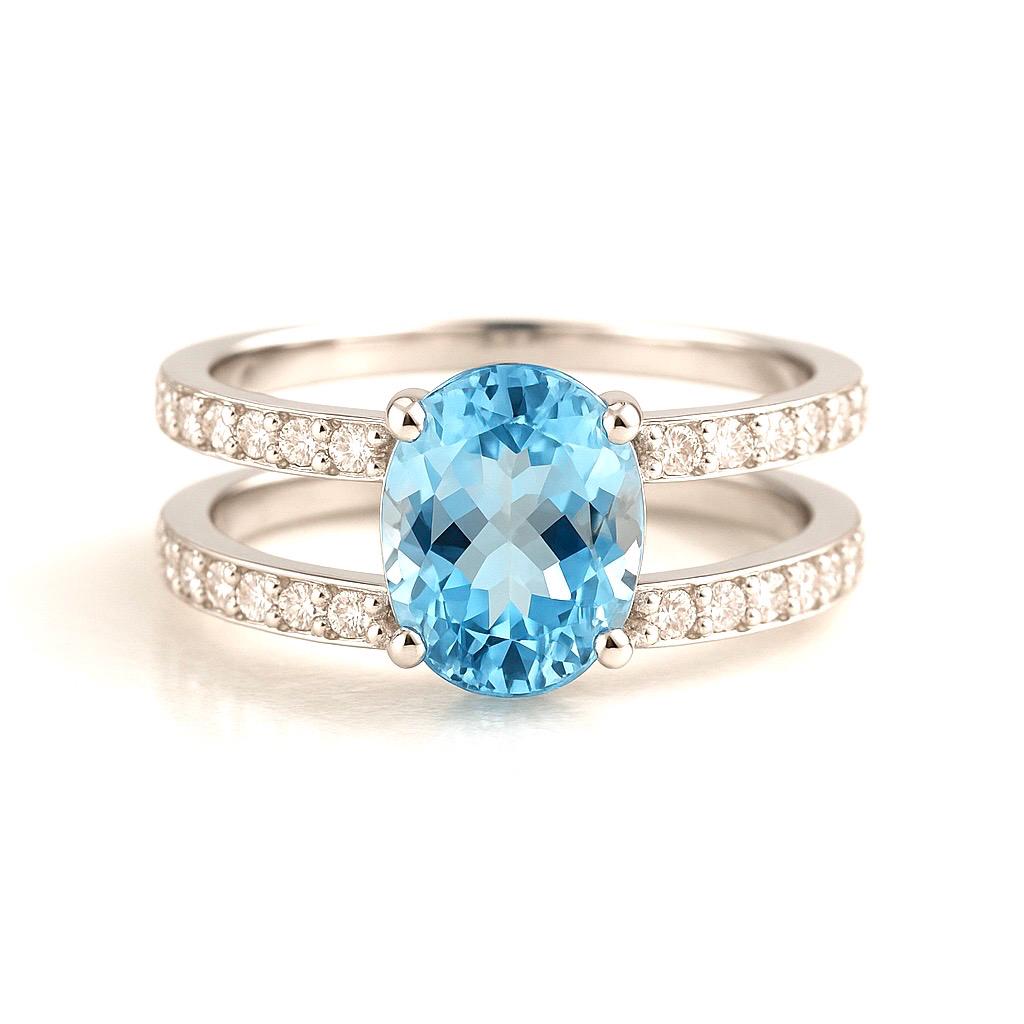 3 Ct Aquamarine & Diamond Engagement Ring – 14K White Gold Double Band Ring, Celebrity Inspired- Oval Ring