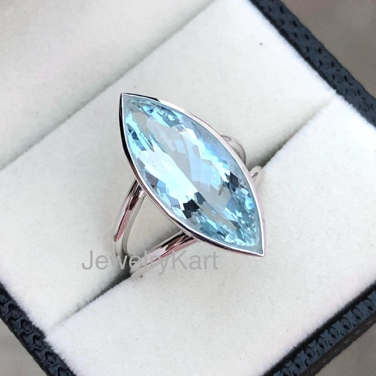 Aquamarine Marquise Bezel Ring | 15x7 mm Solitaire | 3 Cts Aquamarine Engagement Ring | Split Shank Statement Ring