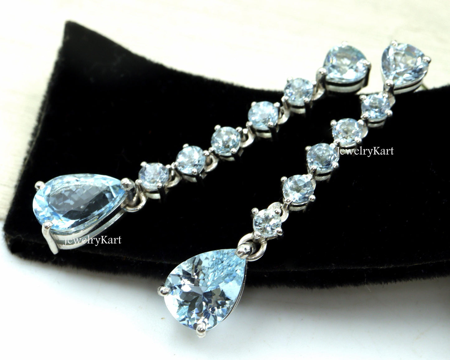 Natural Aquamarine Long Drop Earrings | 925 Silver or 14K Gold Dangle Earrings | Blue Pear & Round Gemstones | Lightweight Gift for Her