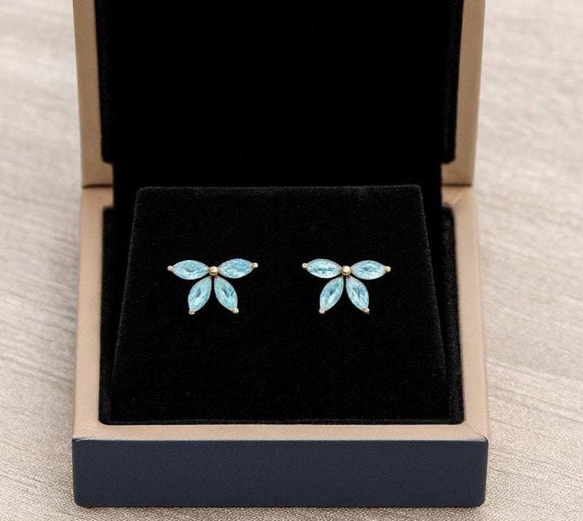 Aquamarine Marquise Earrings, Flower Studs, Gold Silver Flower Earrings, Jewelry Gift for Her, Cluster Earrings