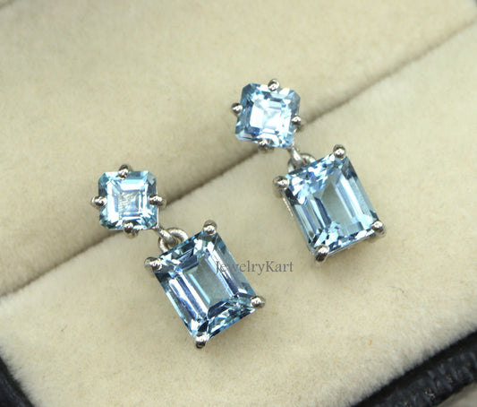 Aquamarine Earrings - Emerald Cut & Asscher Cut Drop Earrings | 14K Gold Dainty Dangle Earrings | March Birthstone Gift For Her | Light Everyday Jewelry