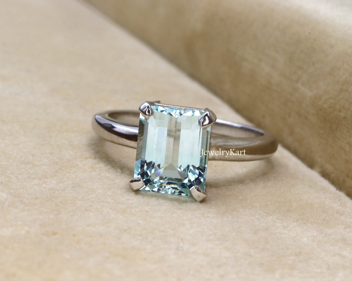 Emerald Cut Natural Aquamarine Solitaire Ring | 14K Gold or Sterling Silver | 8×6 mm March Birthstone Ring
