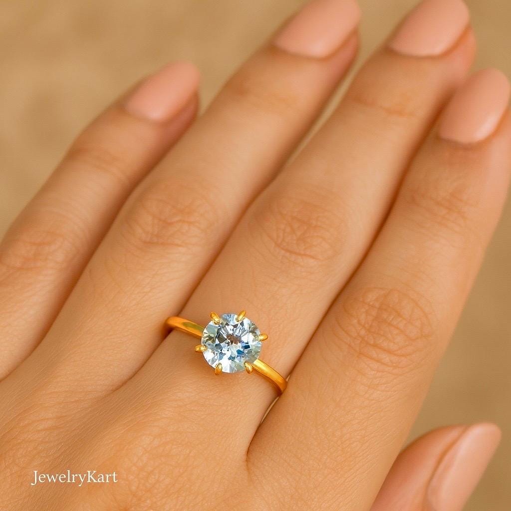 14k Gold Aquamarine Engagement Ring, Round Shape March Birthstone Ring