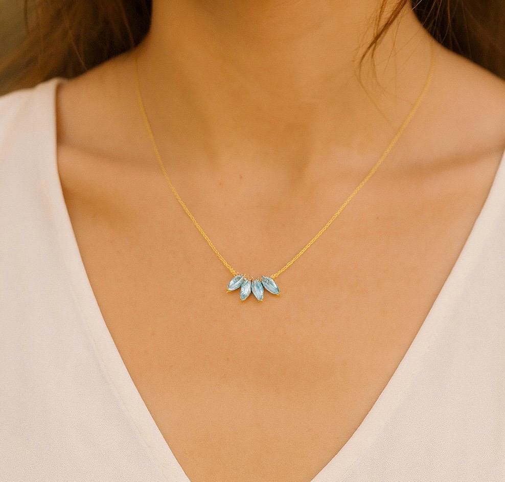 Aquamarine Marquise Cut Necklace, Flower Pendant, Jewelry Gift for Her, Everyday Wear Necklace, Bridesmaid Jewelry Gift